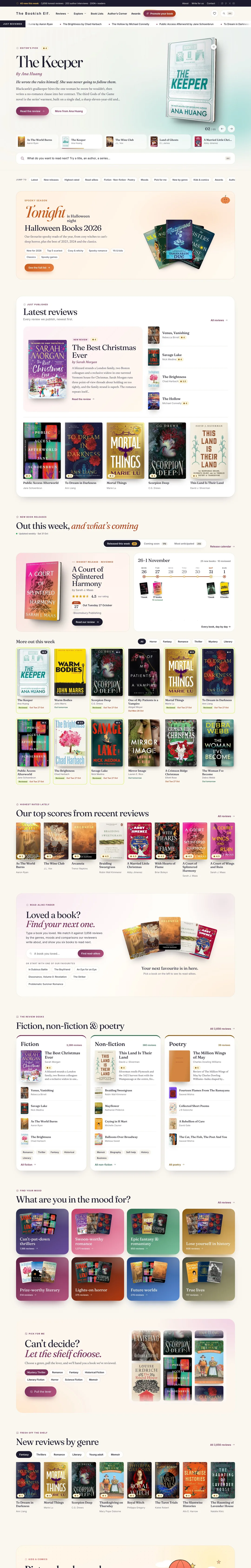 The Bookish Elf homepage, scrolling through reviews, new releases and reading guides