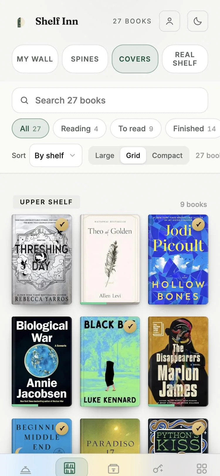 Shelf Inn covers view showing a grid of books with reading status