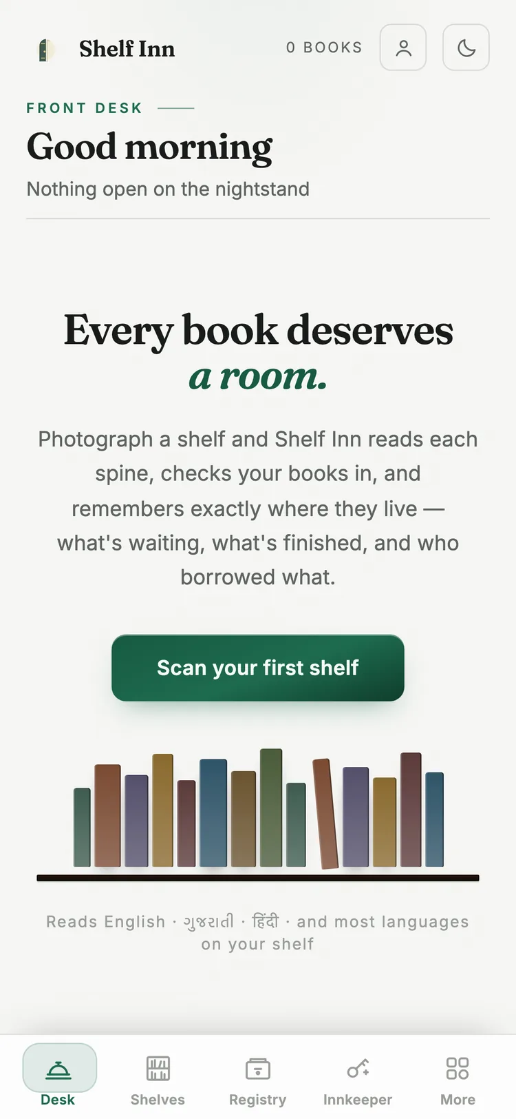 Shelf Inn front desk inviting you to photograph your first shelf