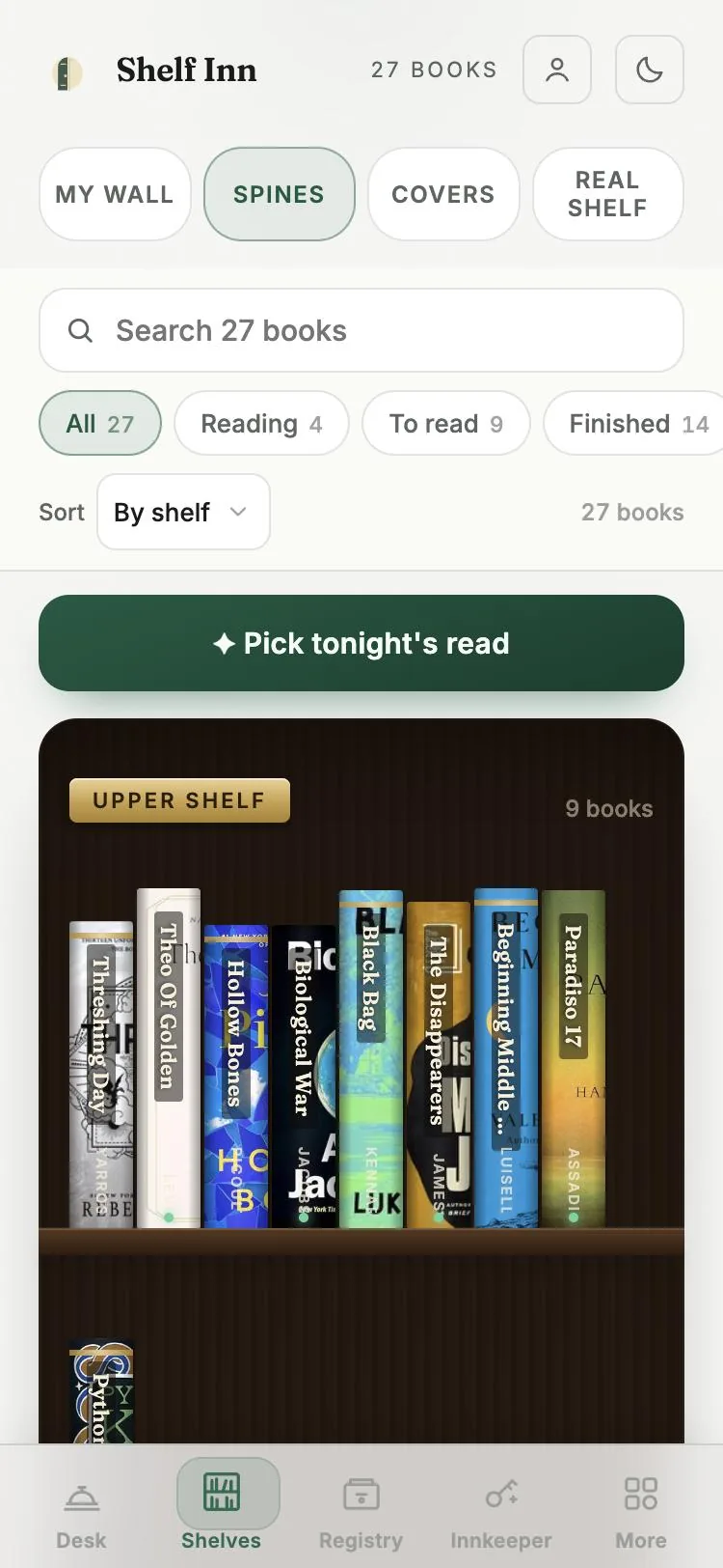 Shelf Inn spines view showing books standing on a named shelf